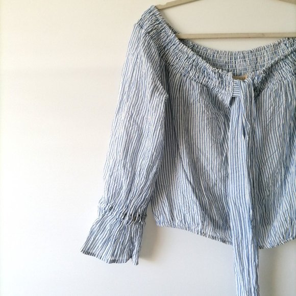 Hem & Thread Womens Blue & White Off The Shoulder Striped Blouse Top Size M - Picture 3 of 7
